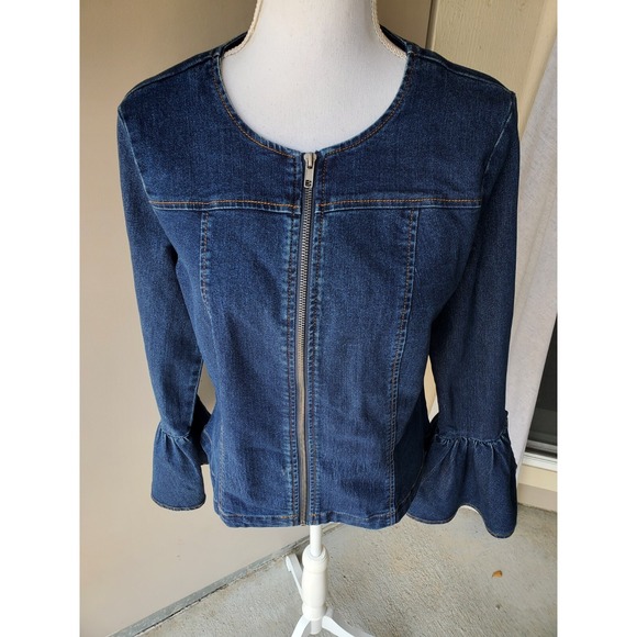 Venus Denim Jacket Womens Medium Blue Full Zip Bell Sleeves Stretch Western BOHO - Picture 4 of 15